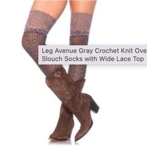 Leg Avenue Gray Crochet Knit Over the Knee Slouch Socks with Wide Lace Top